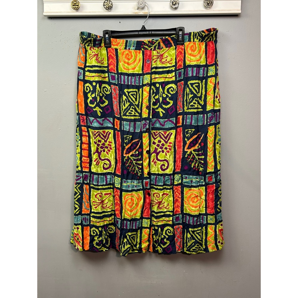 Delores Bell Skirt Women Large Multi Color Abstract Geometric Button Front Midi